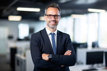 Fototapeta premium Confident businessman in a suit smiling in a bright, modern office setting.