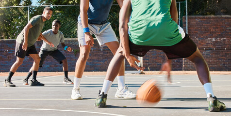 Fototapeta premium Basketball, team and fitness game outdoor training in a workout competition with teamwork. Cardio, sports and athlete group on a basketball court with goal exercise collaboration and challenge