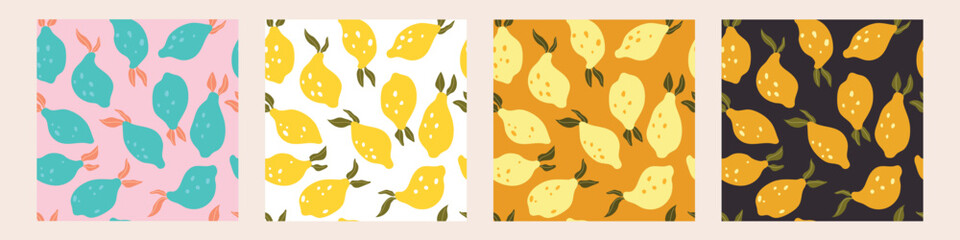 Collection modern abstract prints and seamless pattern with lemons and leaves. Modern art print. Set of citrus tropical fruits. Summer vector design for