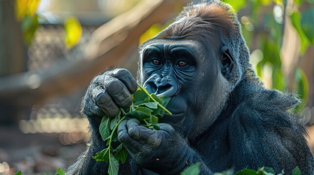 A close-up of a gorilla eating green leaves, capturing the texture of its fur and the details of its face in a natural habitat