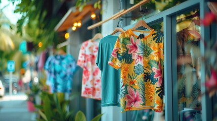 Naklejka premium Colorful tropical shirts on display hanging outside a shop, with a street view in the background, evoking a vibrant, summery atmosphere