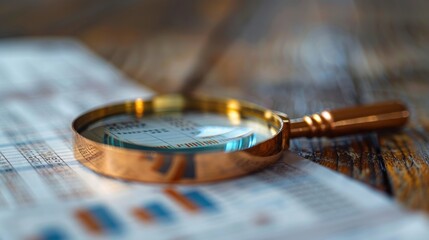 Obraz premium Magnifying glass used to examine financial documents, indicating an audit.