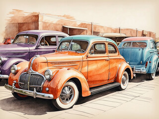 Vintage retro cars, made in an illustrative style. Detailed car drawings highlight their vintage charm