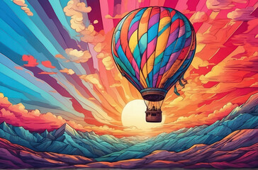 A bright hot air balloon floats against the backdrop of a magical sky painted in rich colors. The illustration creates a fabulous atmosphere filled with a sense of flight and magic