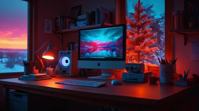 A cozy home office with a desktop computer showing a mountain lake scene, warm desk lamp, and a snowy window view with a festive Christmas tree