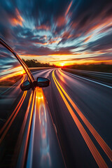 A dynamic shot of a car driving at high speed on a winding road during sunset, symbolizing speed and adventure.
