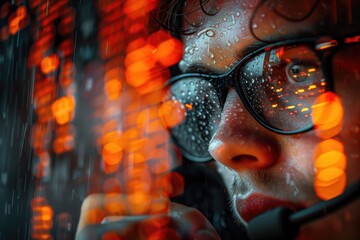 Encrypted Communications: A close-up of a CIA agent using a secure, encrypted communication device, with blurred code and data streams in the background. 