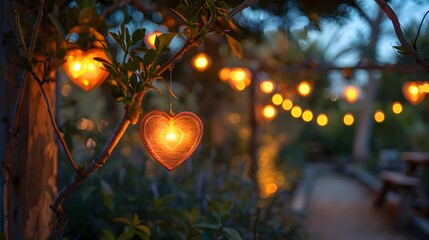 Heart shaped Lanterns Illuminating a Magical Garden at Night Creating a Romantic Love Scene