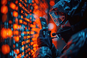 Encrypted Communications: A close-up of a CIA agent using a secure, encrypted communication device, with blurred code and data streams in the background. 