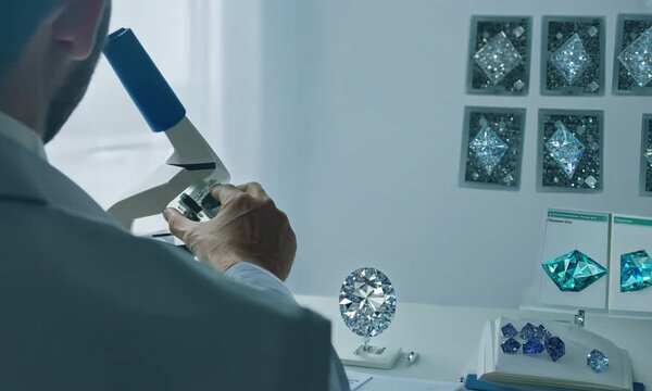 A gemologist as they examine a microscope slide with inclusions in a diamond