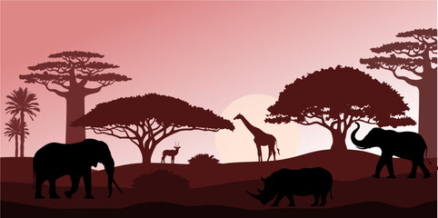 The landscape of Africa with elephants, rhinoceros and giraffe. Savanna trees, baobabs and palm trees