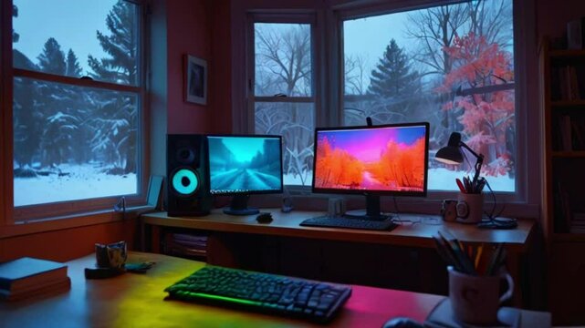 Cozy home office with dual monitors on a wooden desk. Left screen shows a serene winter landscape, right a vibrant scene. Warm, ambient lighting and snowy outdoor view enhance the inviting atmosphere