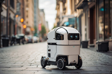 A robot courier delivers an order on the street of a busy city. Autonomous delivery of the future. Innovative technologies in urban infrastructure
