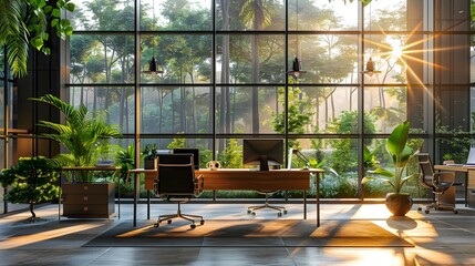 Modern Open plan Office with Collaborative Workspace and Lush Greenery