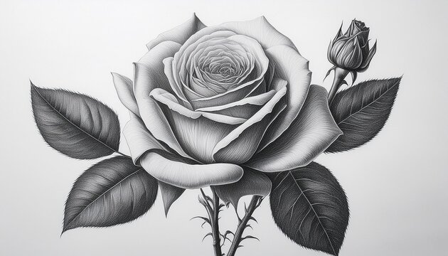 Detailed botanical illustration of a rose in pencil.
