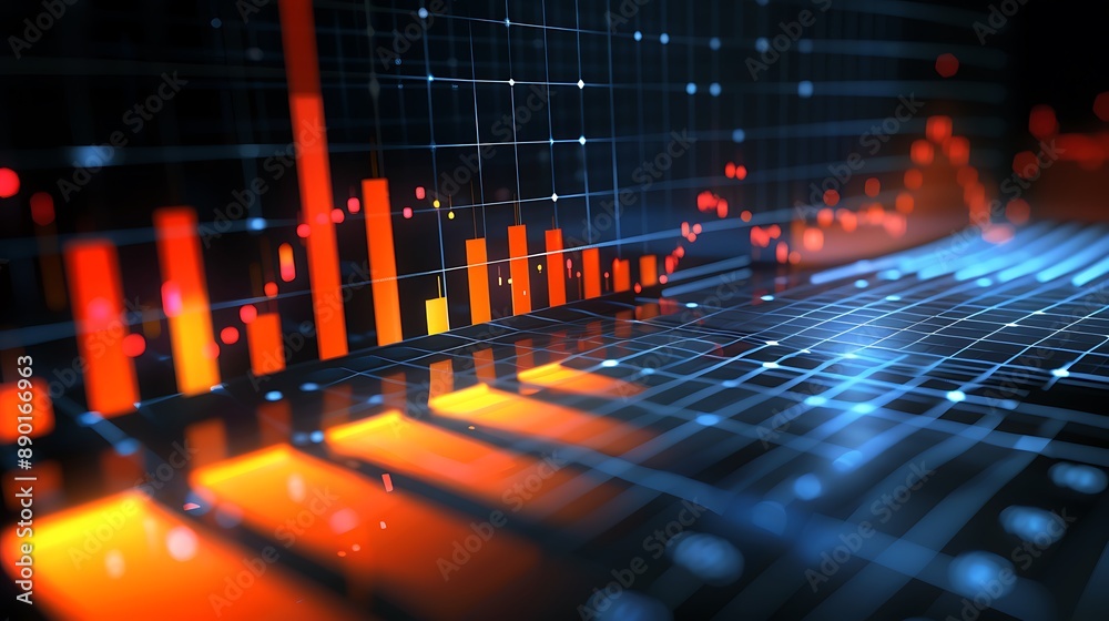 Wall mural abstract data visualization financial growth trends with glowing red and blue bars on a grid.