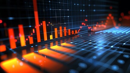 Abstract Data Visualization Financial Growth Trends with Glowing Red and Blue Bars on a Grid.