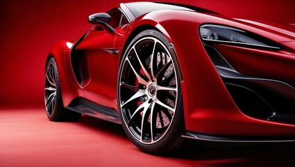 Naklejka premium Luxury Red Sports Car With Sleek Design And Premium Wheels: Automotive Advertising Banner, Red Sports Car On Red Background
