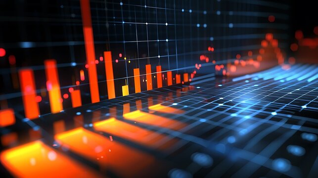 Abstract Data Visualization Financial Growth Trends with Glowing Red and Blue Bars on a Grid.
