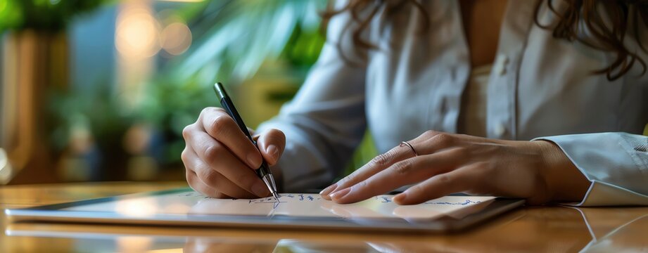 Closeup of a businesswomans hand signing a digital contract on a tablet, with ample copy space, more clarity with clear light and sharp focus, high detailed - Powered by Adobe