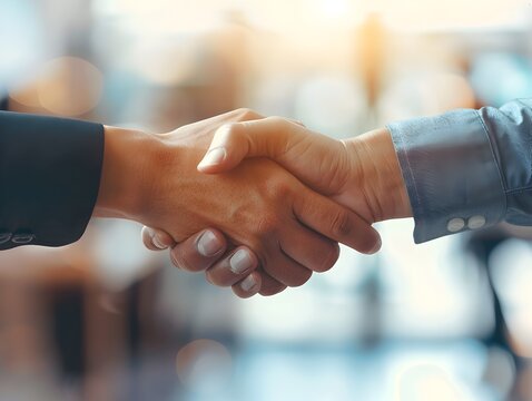 Two Professionals Shaking Hands in Office Setting Symbolizing Business Agreement and Partnership
