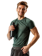 A cheerful young man in sportswear holding a water bottle, showcasing a healthy and active lifestyle. Ideal for themes related to fitness, hydration, transparent background