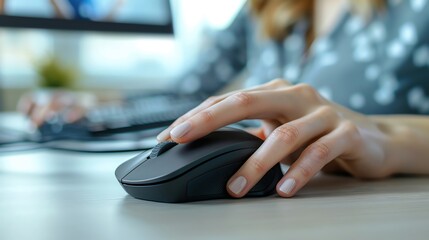 Closeup of a womans hand using a mouse, with a desktop computer and ample copy space, more clarity with clear light and sharp focus, high detailed