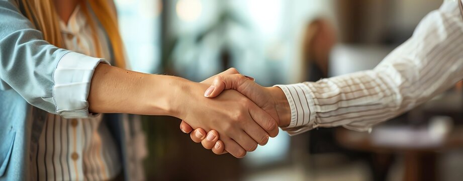 Closeup of a handshake between two businesswomen, with a corporate office background and ample copy space, more clarity with clear light and sharp focus, high detailed