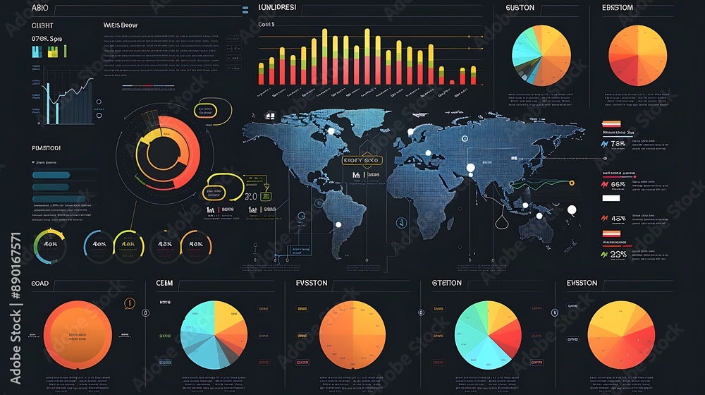 Poster infographic global data visualizations with analysis charts and a world map.