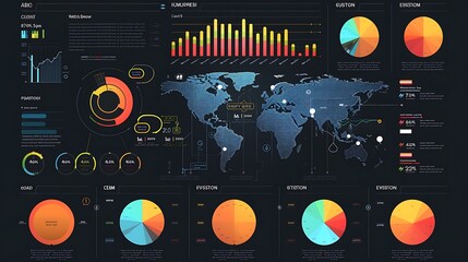 Infographic with global data visualizations including analysis charts and world map for representing international statistics business insights and digital information concept.