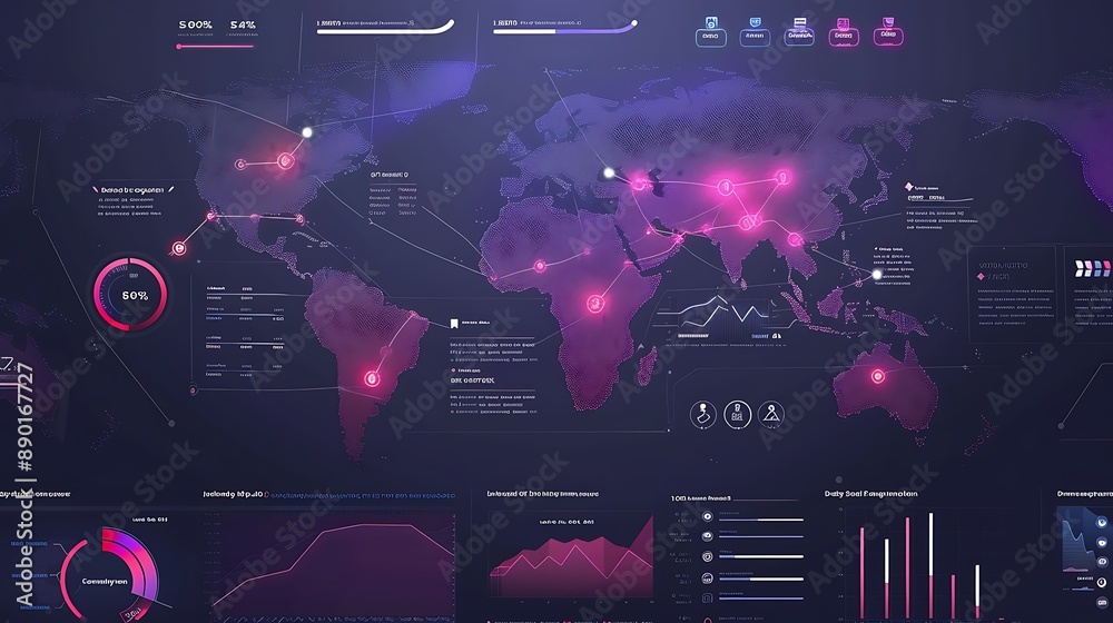 Poster global network data visualization analysis with interconnected digital data points.