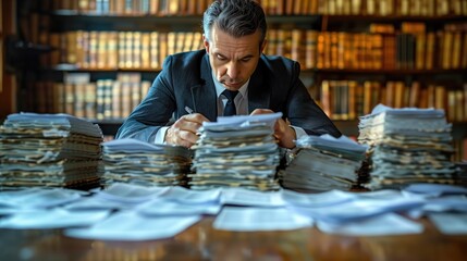 An accountant manipulating financial records to evade taxes, with a focus on falsified receipts, ledgers, and hidden income