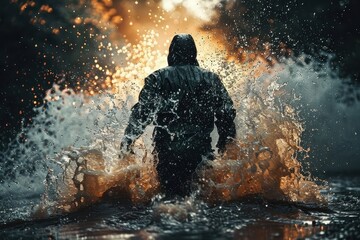 Obraz premium Person in a dark raincoat jumping into a deep puddle.