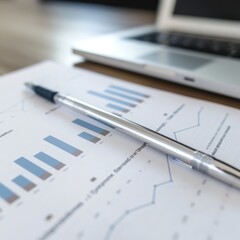 Financial Data Analysis, Pen on Paper Charts with Laptop, Business Concept, Selective Focus