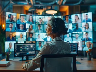 Diverse Business Team Collaborating Remotely via Video Conferencing in a Modern High Tech Office Setting