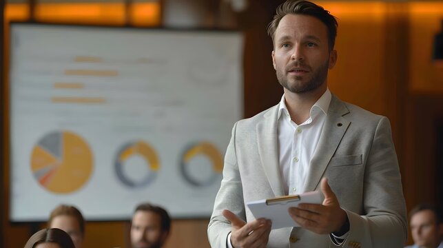 Business Consultant Presenting Strategic Diagrams to Engaged Conference Audience