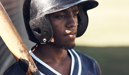 Man, baseball and thinking on field with match idea for game, fitness practice or workout for wellness. Male athlete, sports stadium or bat with reflection plan in outdoor for health, gear for cardio