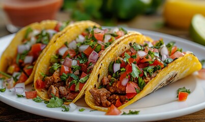 Three Classic Beef Tacos on a White Plate