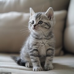 Obraz premium a animal of American shorthair kitten sitting on a living room background with space above for text 