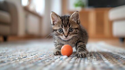 a animal of A kitten playing a ball in a living room background with space above for text 