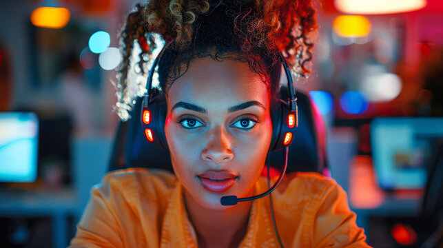 Tech support woman assisting with technical issues in a vibrant office