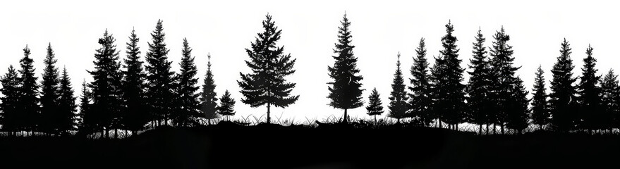 Black vector silhouette of a coniferous forest on a white background