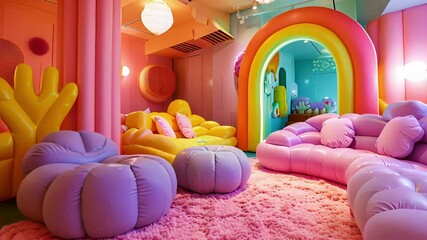 Experience a sensory overload in this Y2Kinspired room filled with inflatable furniture and decor evoking a sense of nostalgia and whimsy.