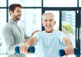Mature, man and portrait with dumbbell or physiotherapist for physical therapy, mobility exercise and arthritis management. Geriatric physiotherapy, arm and stretching for rehabilitation and recovery