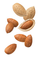 Whole and shelled almond flying isolated on white background. Vertical layout for package design