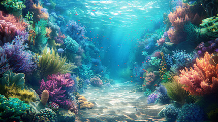 Vibrant underwater seascape with colorful coral and marine life