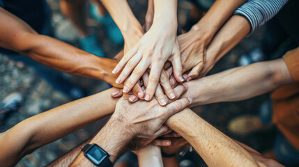 Multiracial group stacking hands together in a show of unity and teamwork