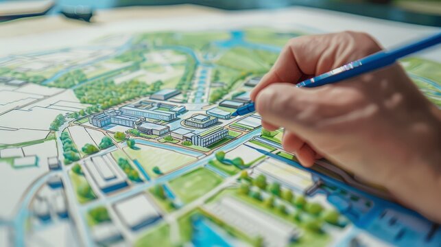 Depict an architect sketching the master plan for a new university campus, including academic buildings, dormitories, and green spaces. Highlight the comprehensive and visionary approach.