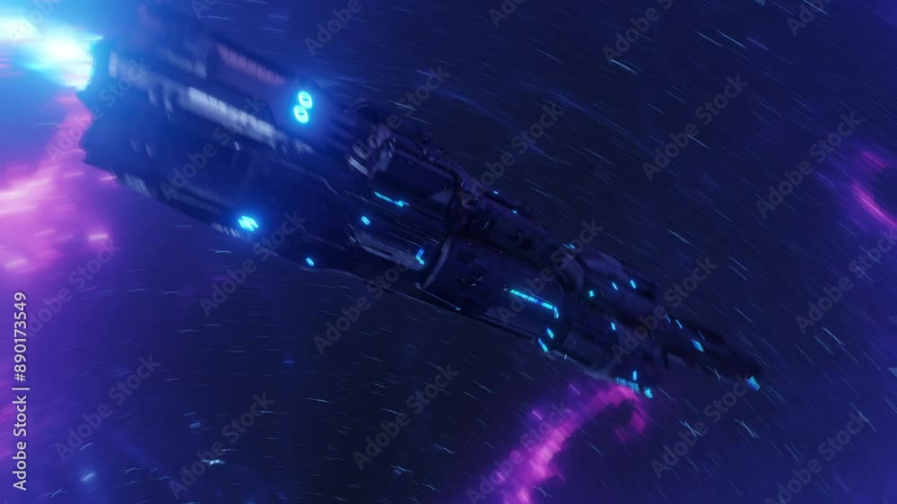 Poster spaceship travelling into deep space and galaxy to explore unknown worlds