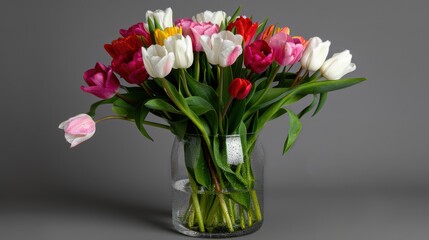 Fototapeta premium A bouquet of fresh tulips in a glass vase with water droplets, isolated on a transparent background --ar 16:9 --personalize qujpd9j --stylize 750 Job ID: be3a8ad7-24c7-46bd-9a56-1e028046dfa1